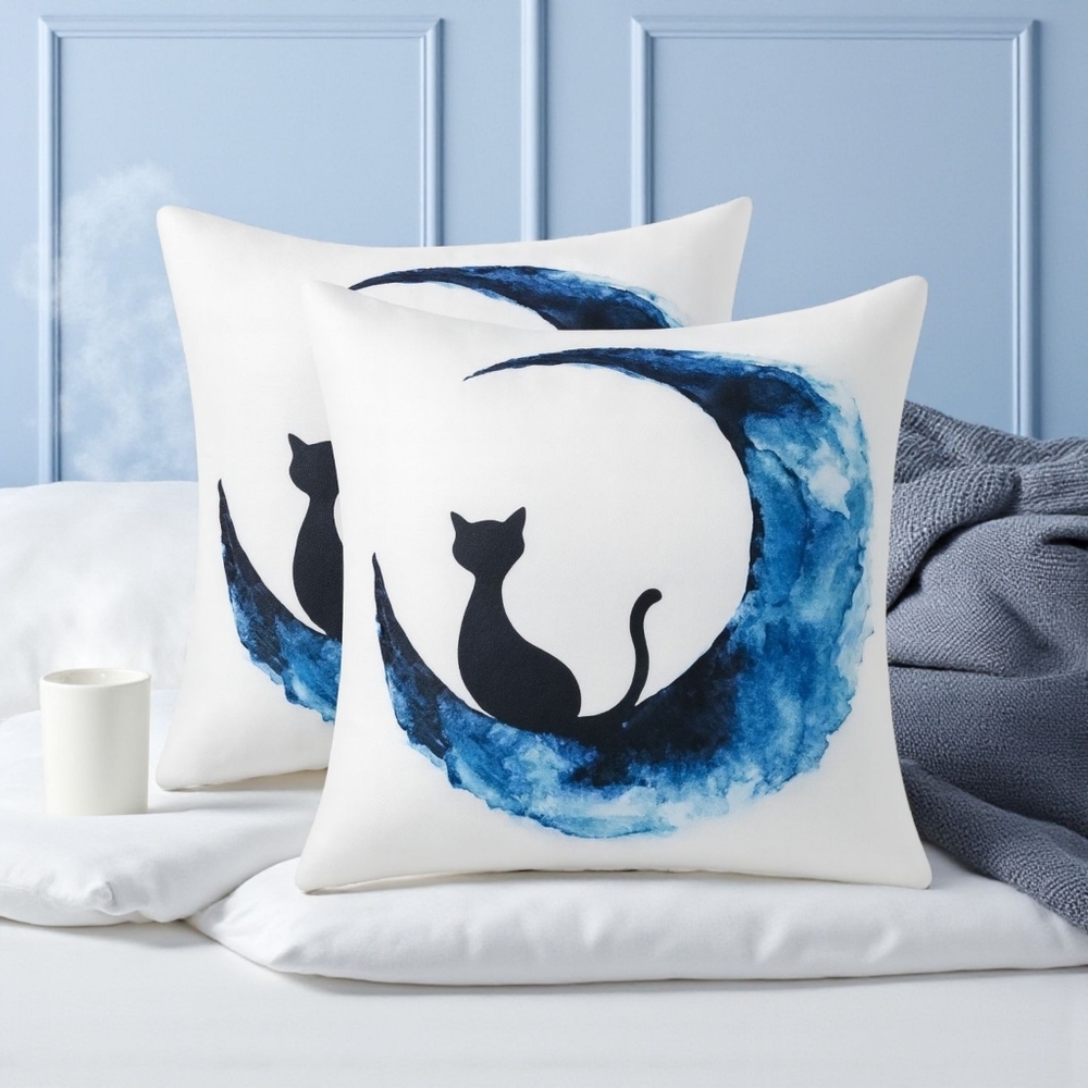 Whimsical Black Cat Moon Cushion Covers 18"x18" Set Of‎ 2 Zippered Polyester